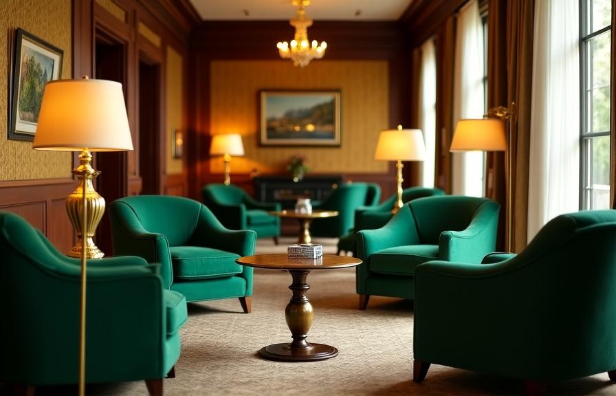 Interni della clubhouse Gatsby Greens con arredi originali anni '20 e accenti dorati